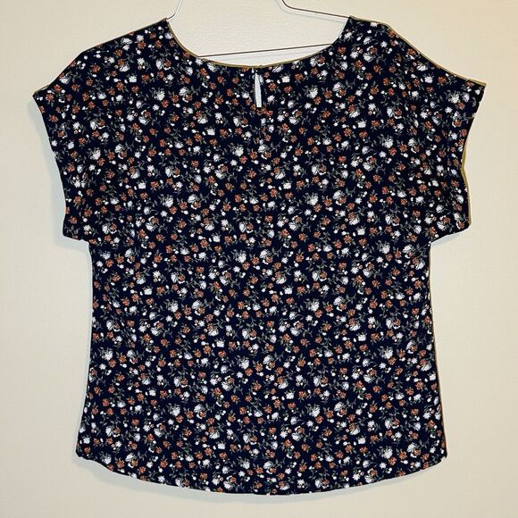 Fall Floral Blouse Navy Blue Burnt Orange Khaki Twisted Front Top Junior Size L - Picture 5 of 5